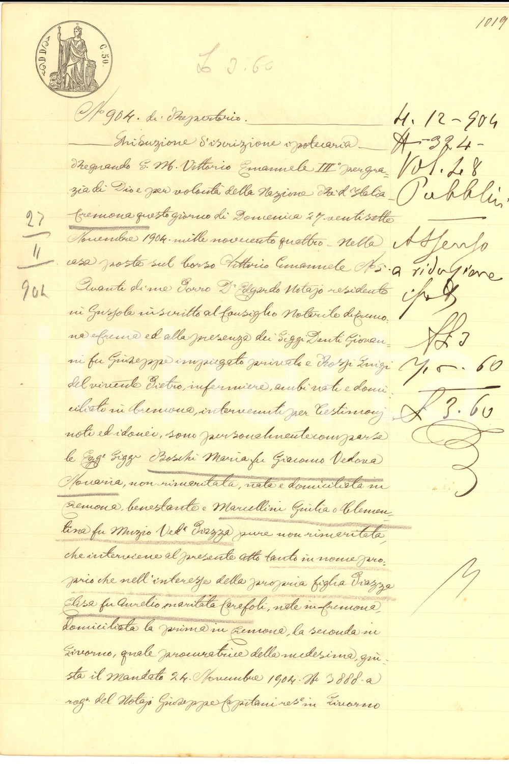 Documento originale, autentico 1904 CREMONA Riduzione di iscrizione per Giulia MARCELLINI Manoscritto 1