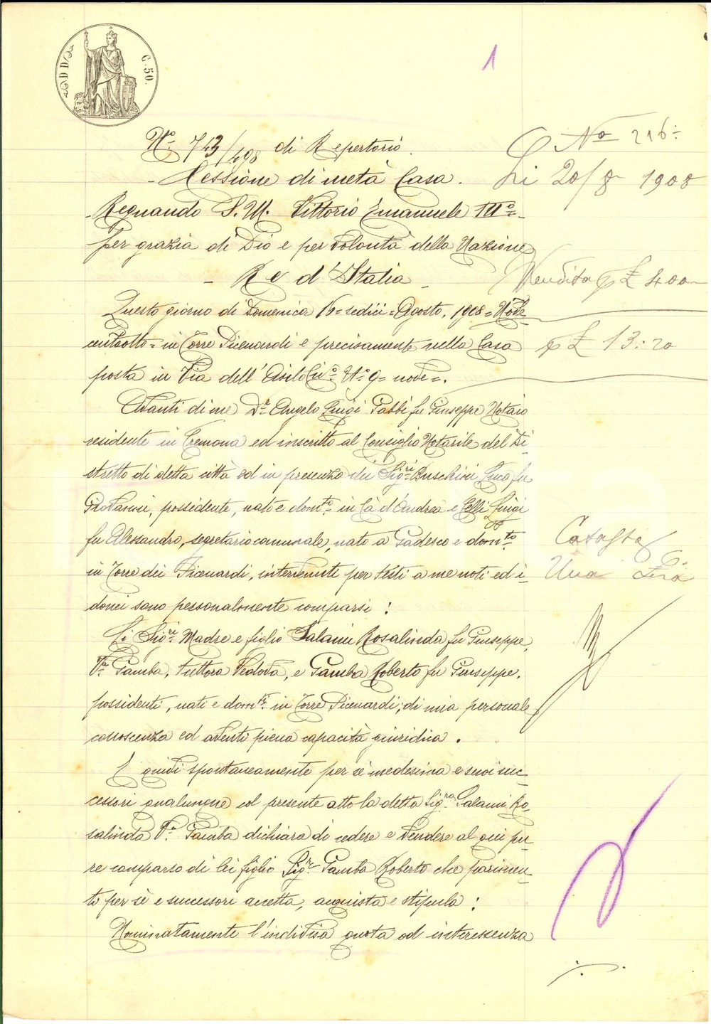 Documento originale, autentico 1908 TORRE PICENARDI Rosalinda SALAMI vende al figlio Roberto GAMBA quota casa 1