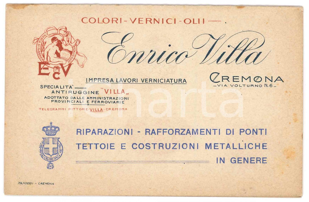 Materiale pubblicitario d’epoca 1910 ca CREMONA Ditta Enrico VILLA vernici  Biglietto con campioni tinte 1