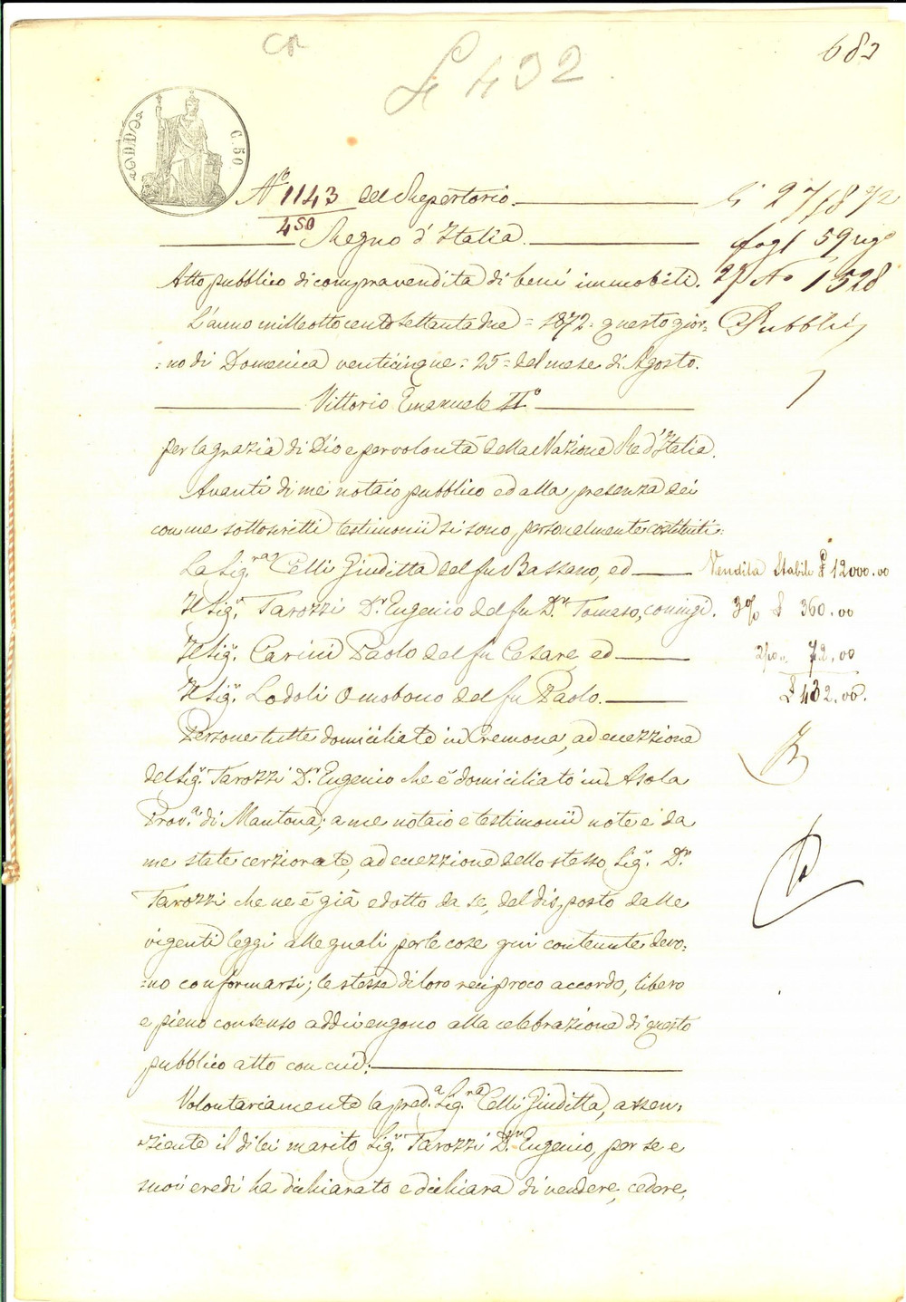 Documento originale, autentico 1872 CREMONA Giuditta CELLI vende casa in contrada ARIBERTI a Paolo CARINI 1