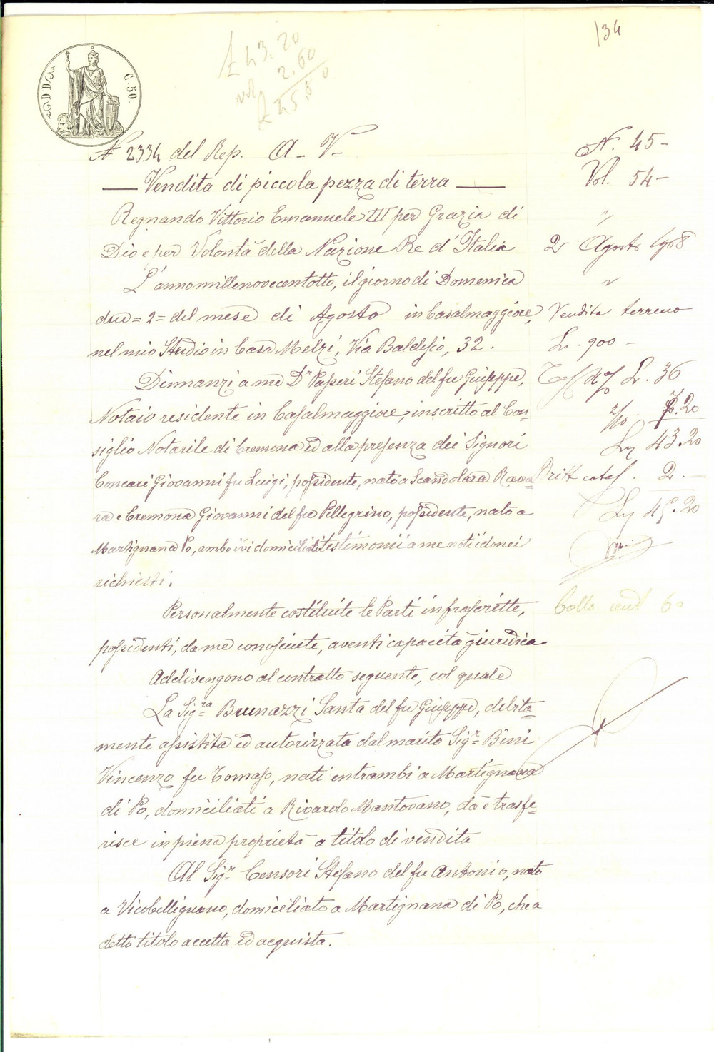 Documento originale, autentico 1908 MARTIGNANA DI PO  Santa BRUNAZZI vende a Stefano CENSORI campo PRADAZZO 1