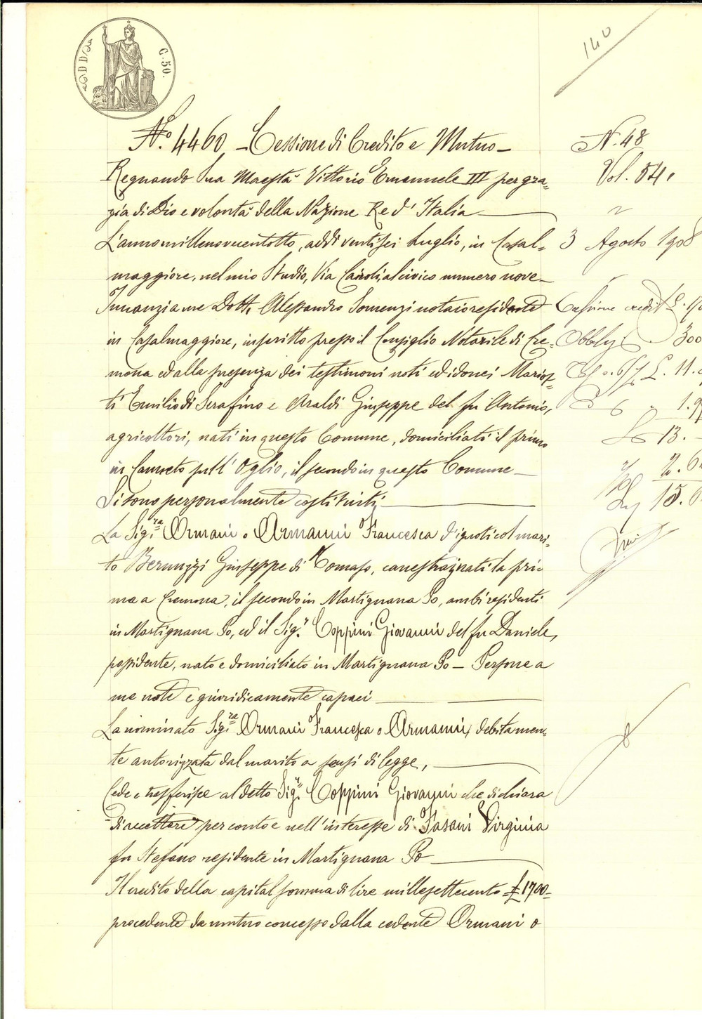 Documento originale, autentico 1908 MARTIGNANA DI PO Cessione credito e mutuo Francesca ARMANI Giovanni COPPINI 1