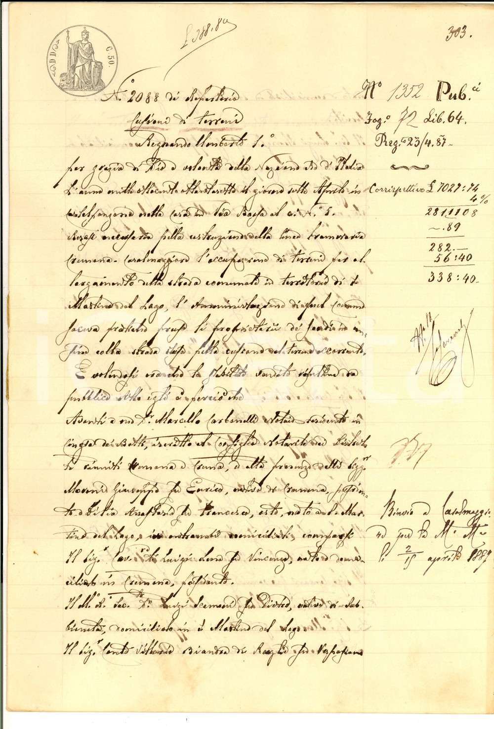 Documento originale, autentico 1887 SAN MARTINO DEL LAGO Conte Vittorio BIANDRA  cede terreni al Comune 1