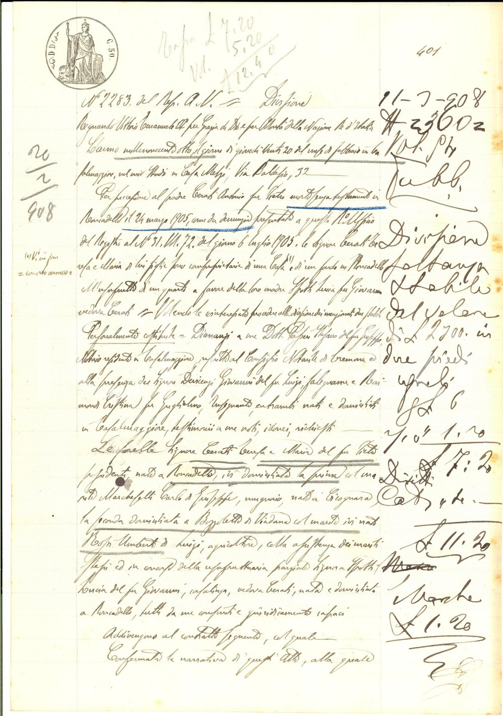 Documento originale, autentico 1908 RONCADELLO CR Divisione ereditaria beni di Antonio CERATI Manoscritto 1