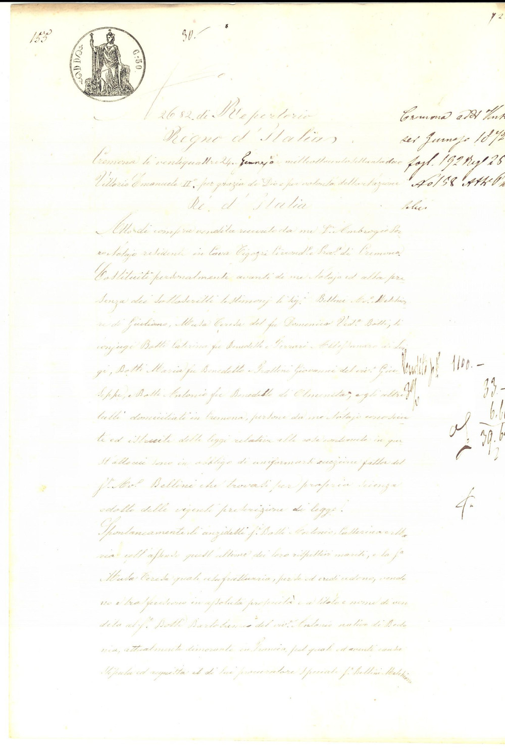 Documento originale, autentico 1872 DRUSCO / BEDONIA PR Vendita terreni dell ereditÃ  di Benedetto BOTTI 1