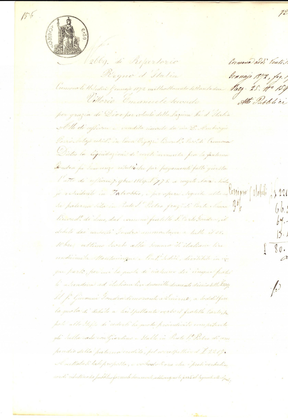Documento originale, autentico 1872 CORTENUOVA LC Giovanni FONDRA vende porzione di casa al fratello Carlo 1