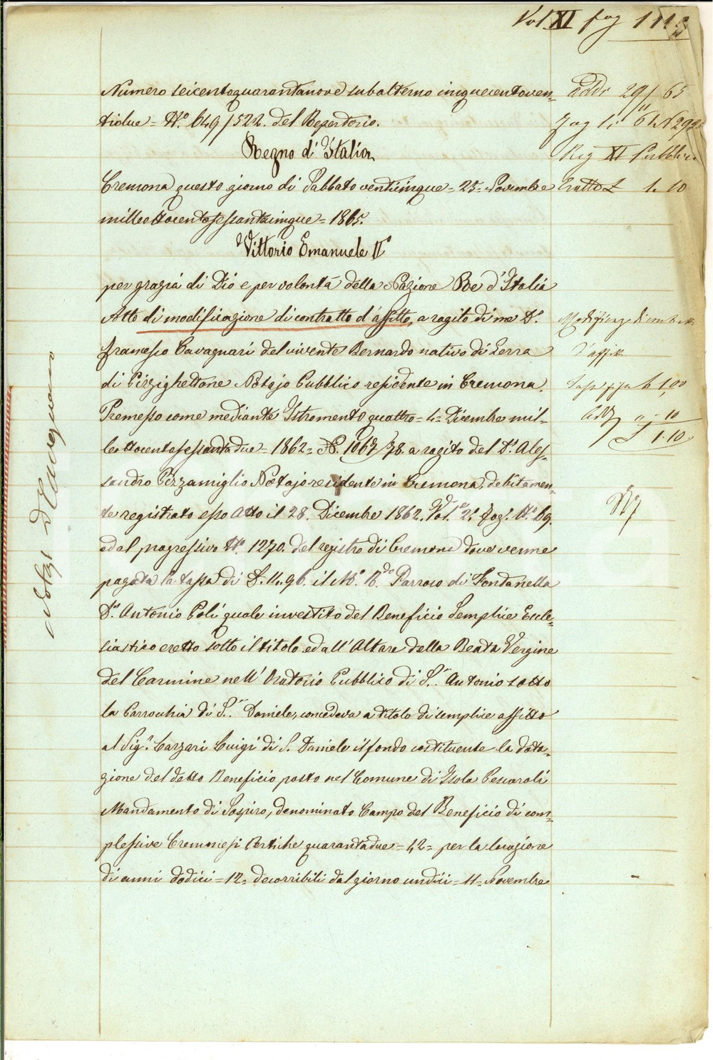 Documento originale, autentico 1865 SAN DANIELE PO CR Modifica affitto Agide e Germano SOLDI  Luigi LAZZARI 1