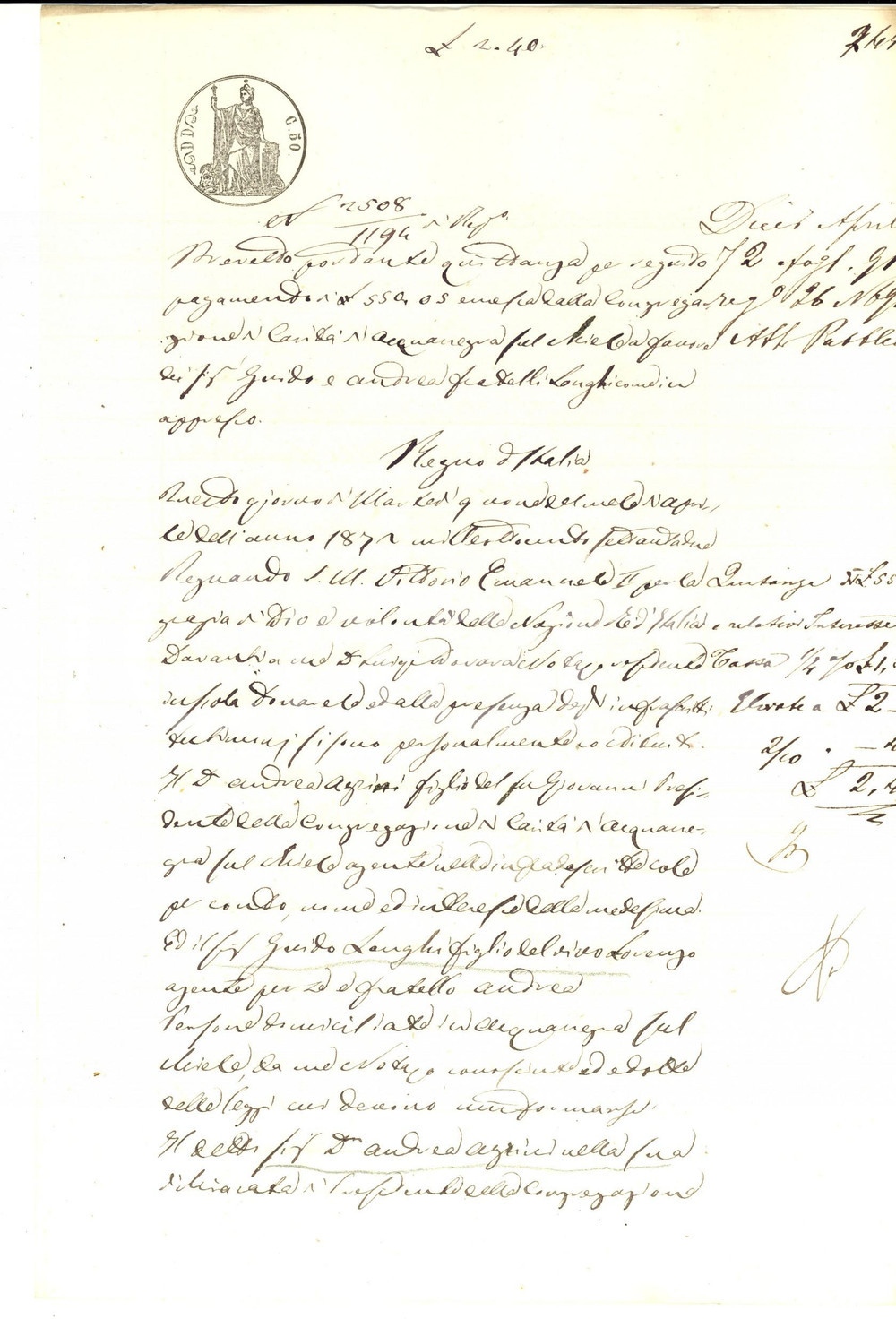 Documento originale, autentico 1872 ACQUANEGRA SUL CHIESE Quietanza Congregazione CaritÃ  a Guido LANGHI 1