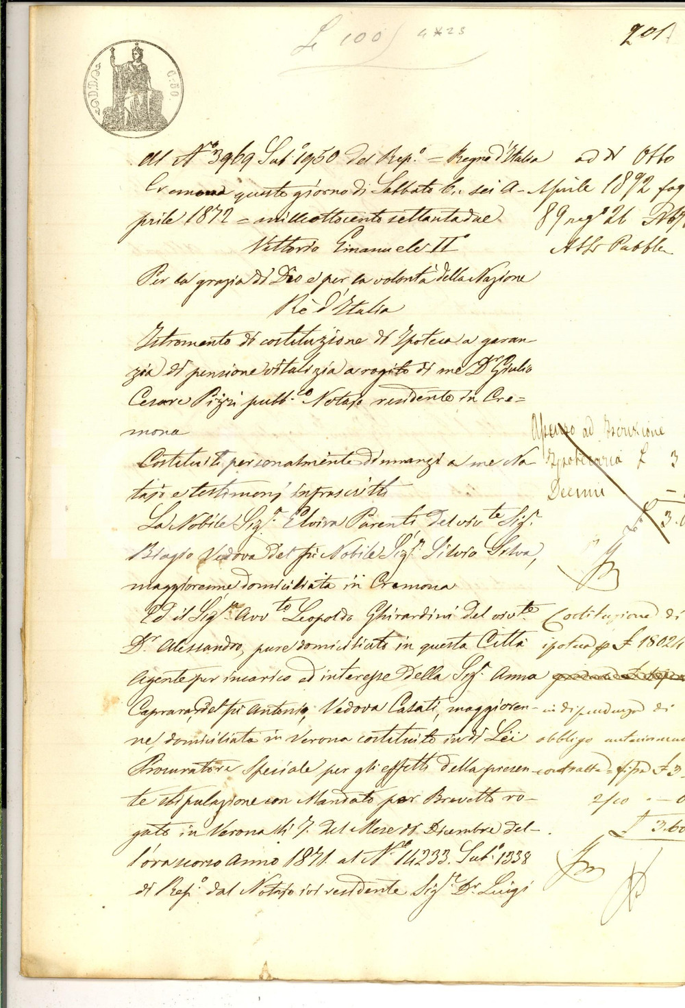 Documento originale, autentico 1872 CREMONA Garanzia su pensione vitalizia pro Anna CAPRARA vedova CASATI 1