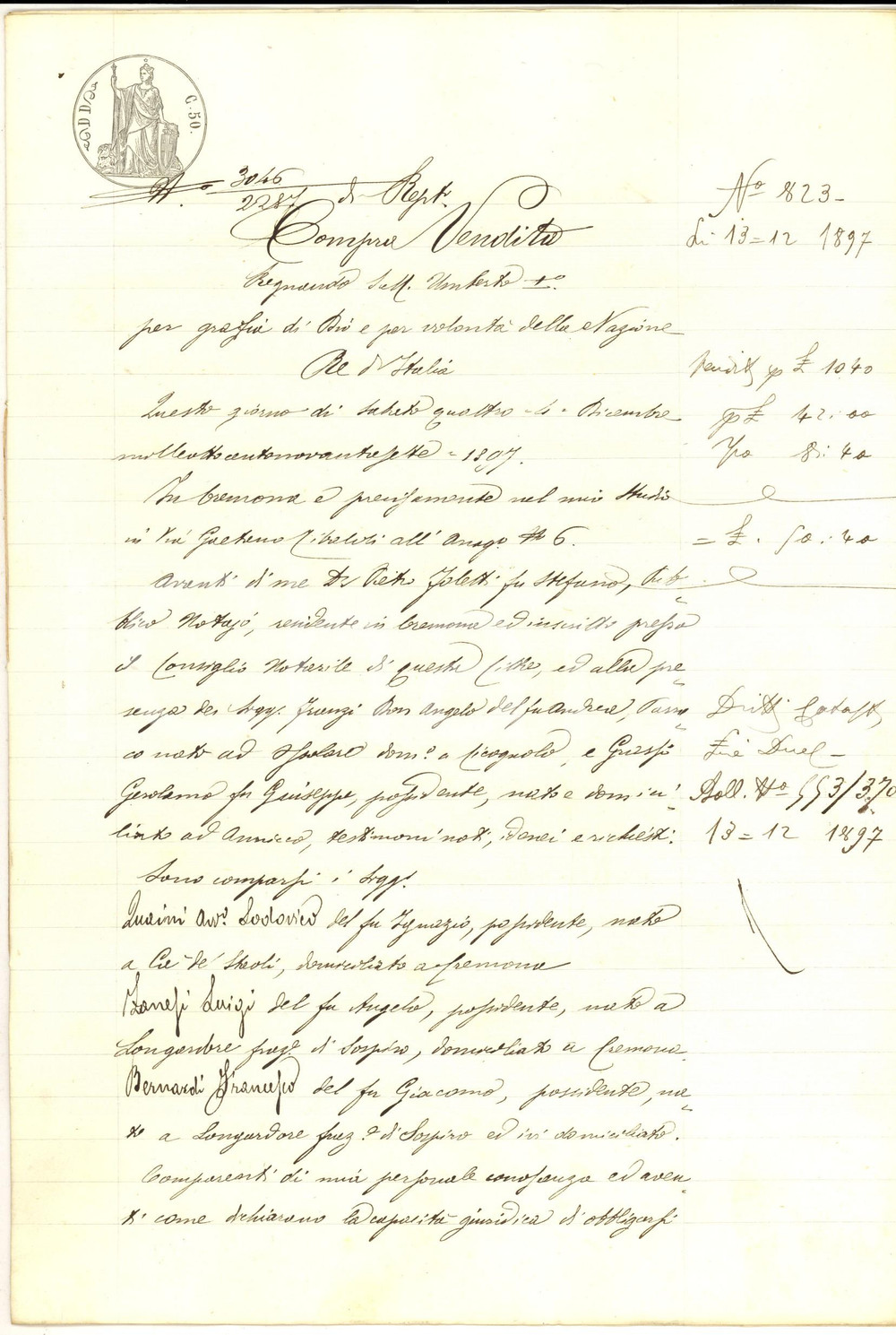 Documento originale, autentico 1897 LONGARDORE CR Giovanni BERNARDI cede quota casa al fratello Francesco 1