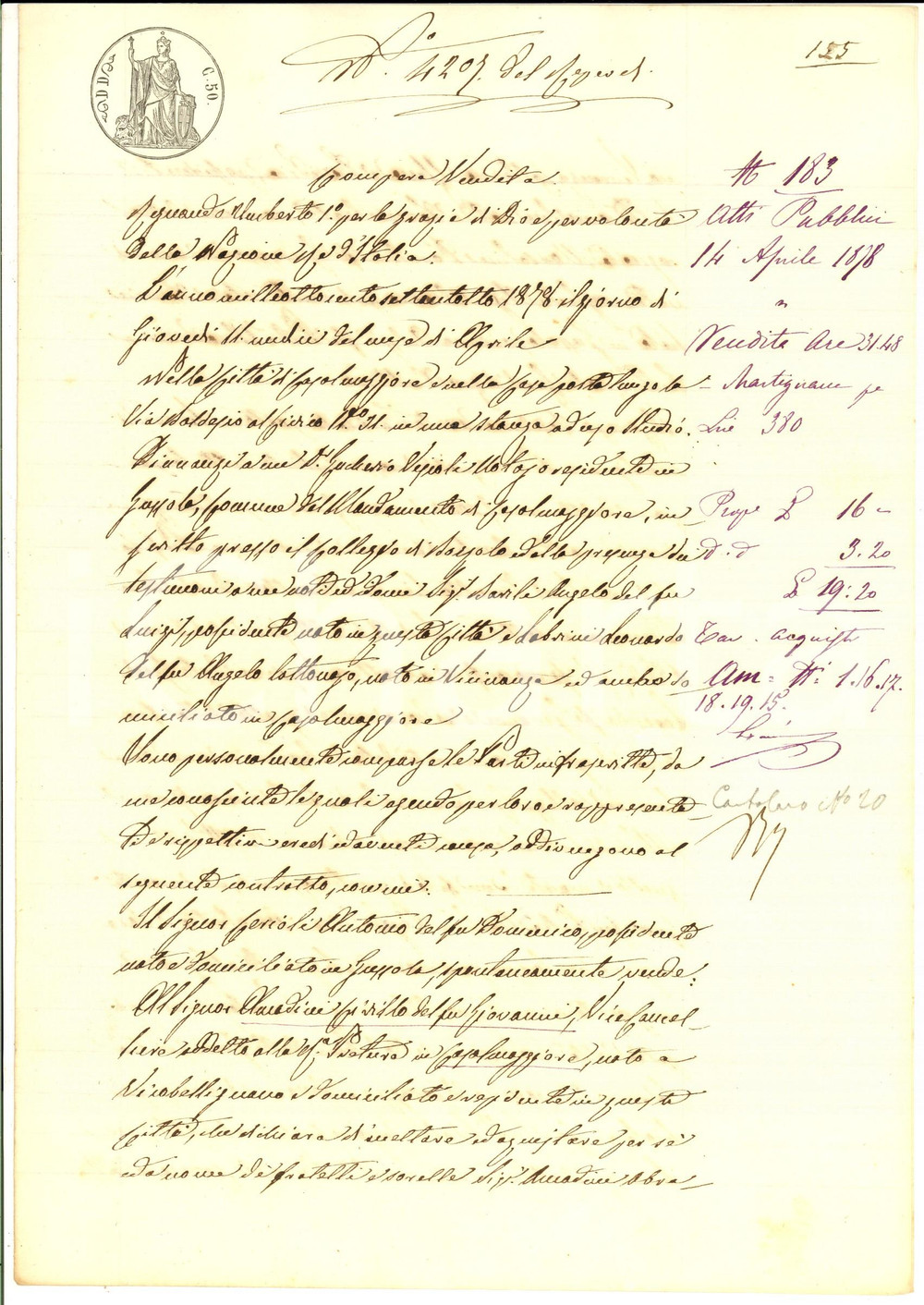 Documento originale, autentico 1878 MARTIGNANA DI PO CR Antonio CERIOLI vende campo a Cirillo AMADINI 1