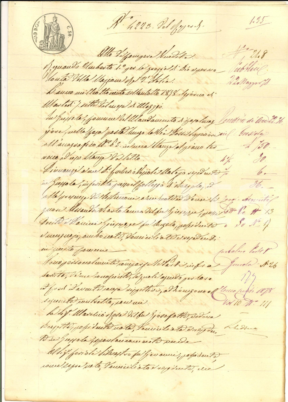 Documento originale, autentico 1878 GUSSOLA CR Rosa MARCHIO vende a Silvestro SERIOLI campo SQUADRI 1