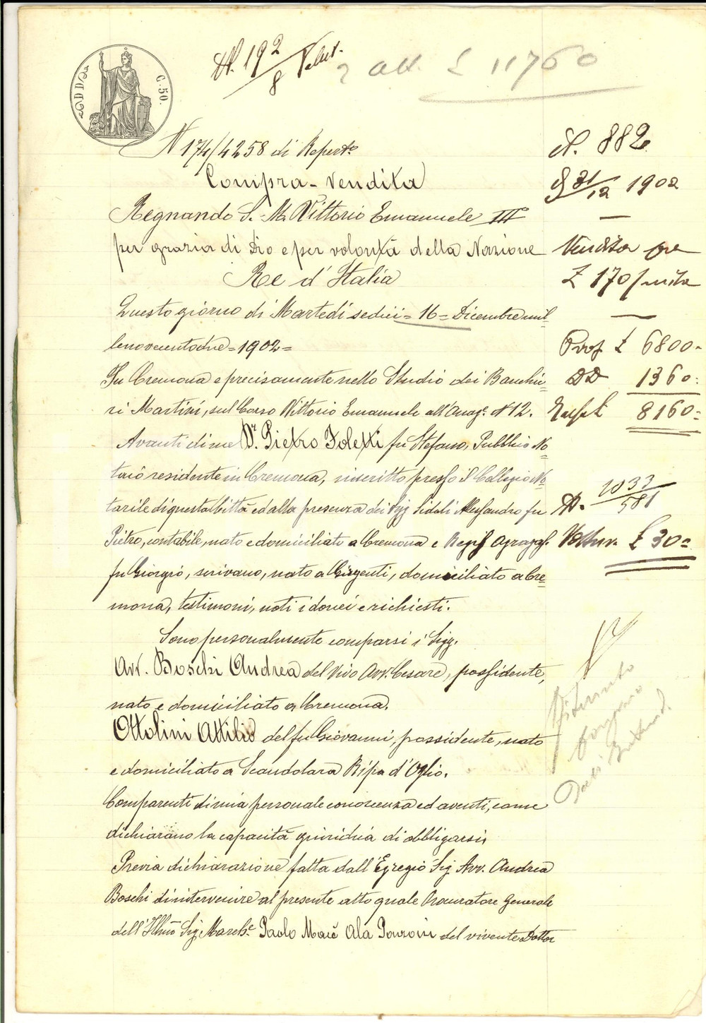 Documento originale, autentico 1902 GRONTARDO CR Paolo MACE  ALA PONZONE  vende bosco ad Attilio OTTOLINI 1