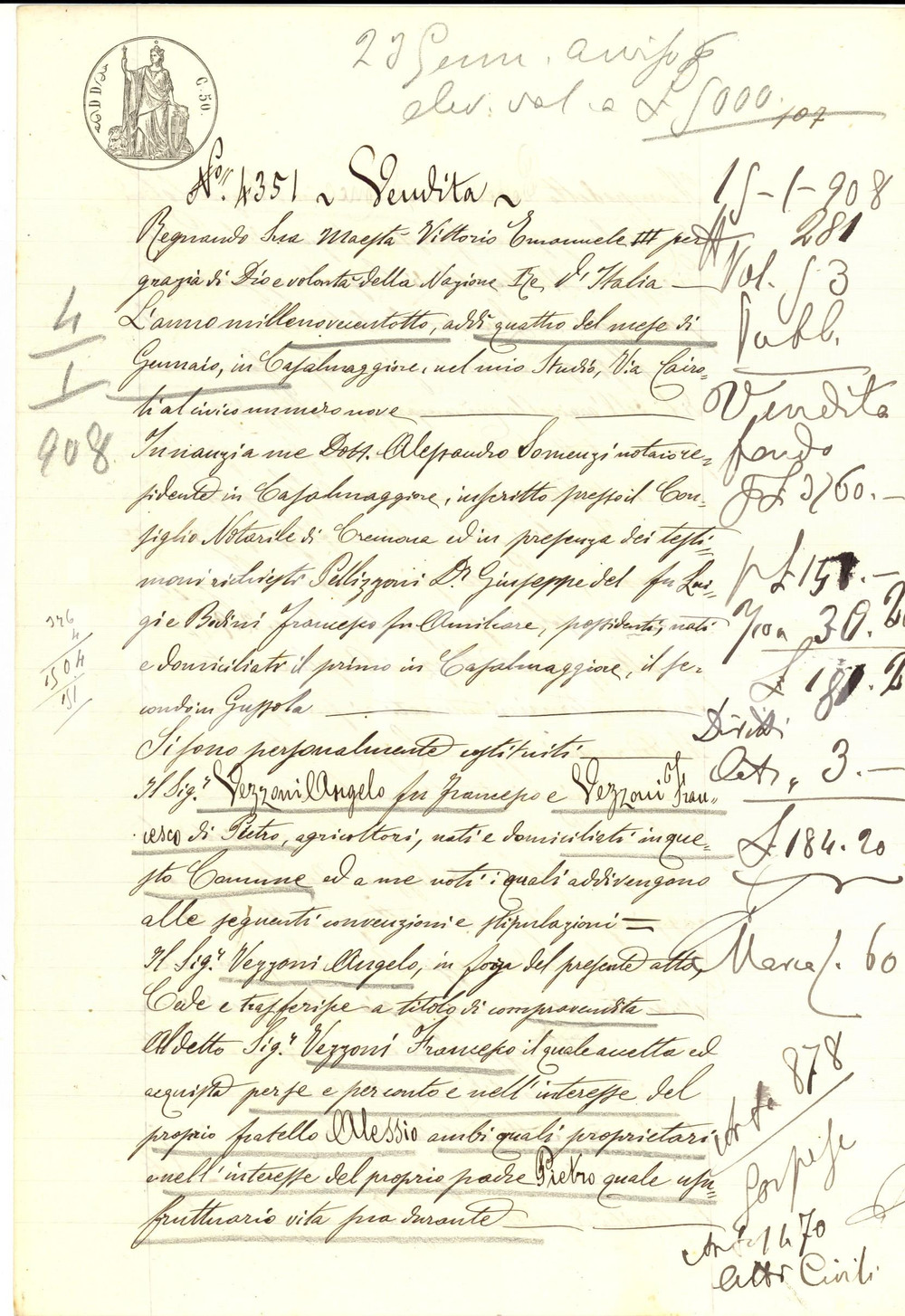 Documento originale, autentico 1908 BRUGNOLO CR Angelo VEZZONI vende al cugino Francesco il campo RONCO 1