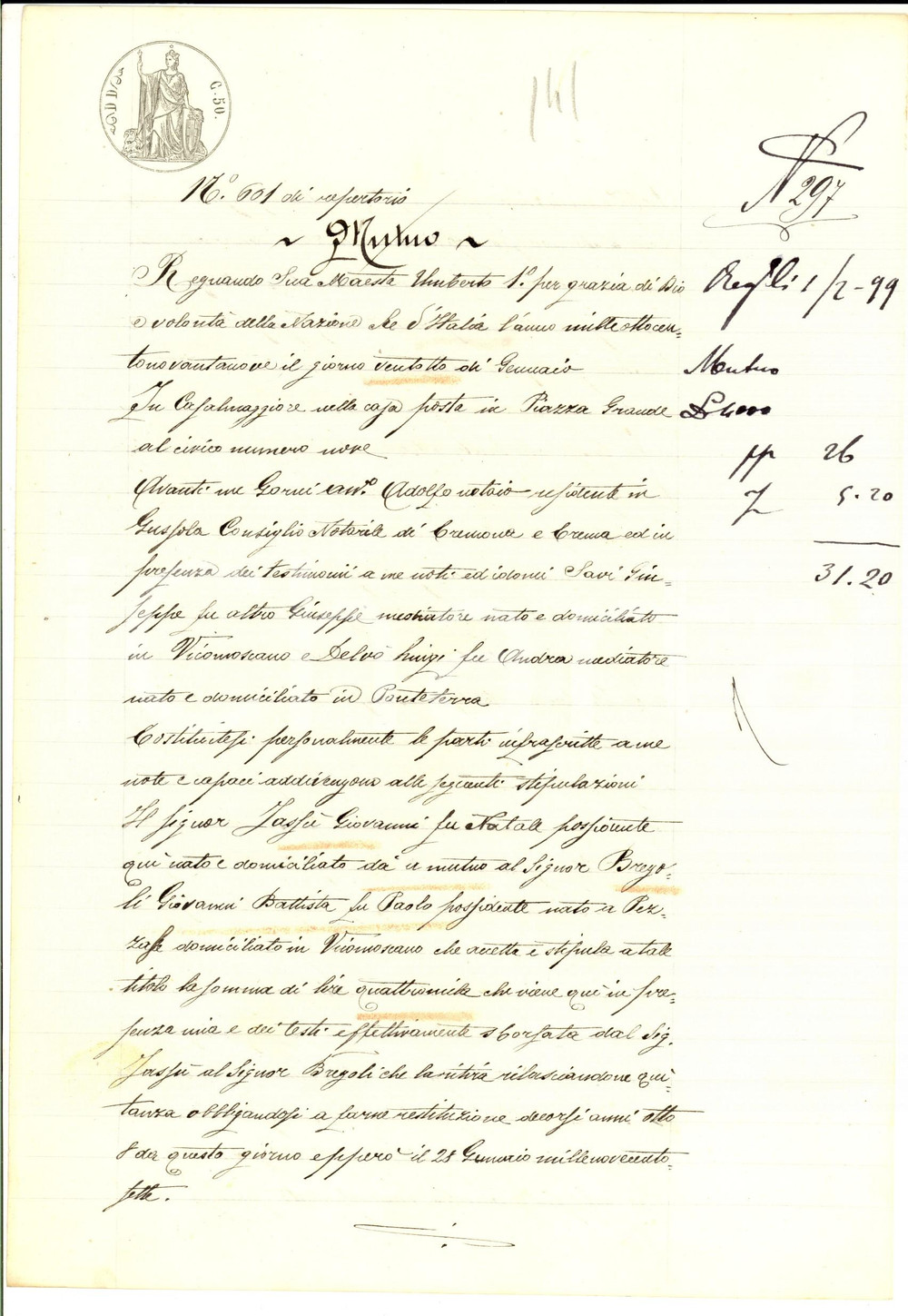 Documento originale, autentico 1899 VICOMOSCANO CR Prestito di Giovanni JASSU  a Giovanni Battista BREGOLI 1