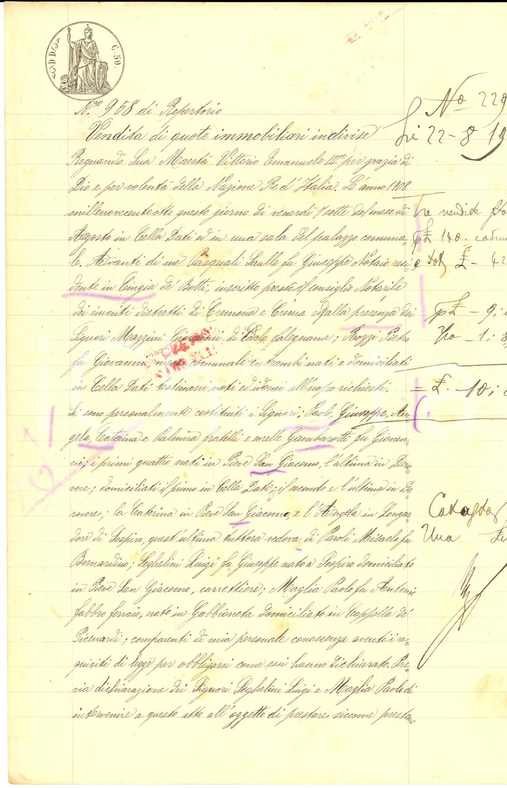 Documento originale, autentico 1908 CA  DE  LAMAGNI CR Sorelle GAMBAROTTI vendono quote di casa ai fratelli 1