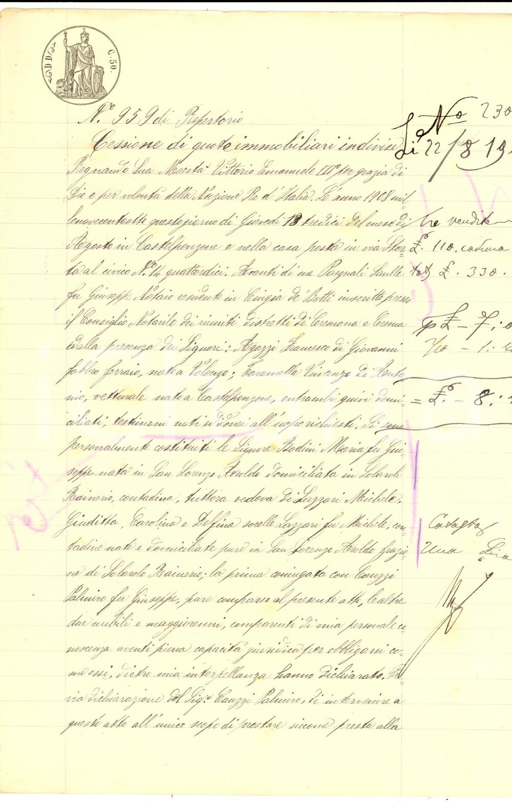 Documento originale, autentico 1908 SAN LORENZO AROLDO CR Cessione quote di casa con orto sorelle LAZZARI 1