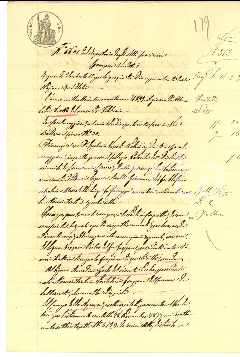 Documento originale, autentico 1899 CASALMAGGIORE CR Pietro VEZZONI vende campo a Carlo AMADINI Manoscritto 1