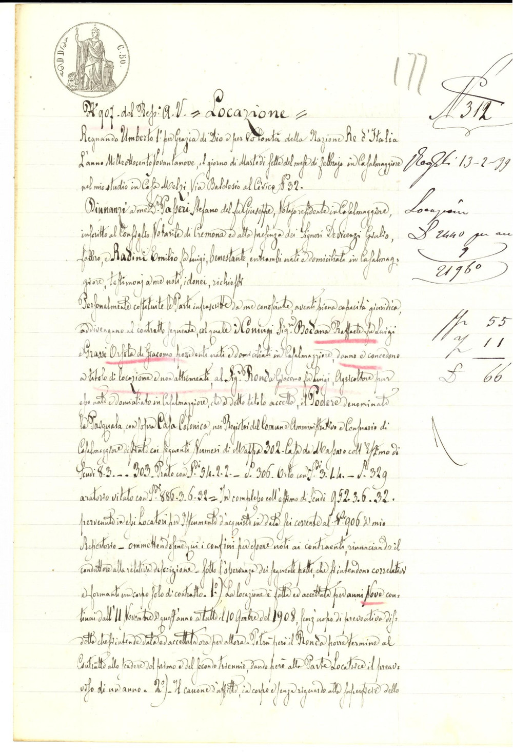 Documento originale, autentico 1899 CASALMAGGIORE CR Raffaele BODANA affitta podere PASQUALA a Giacomo RONDA 1