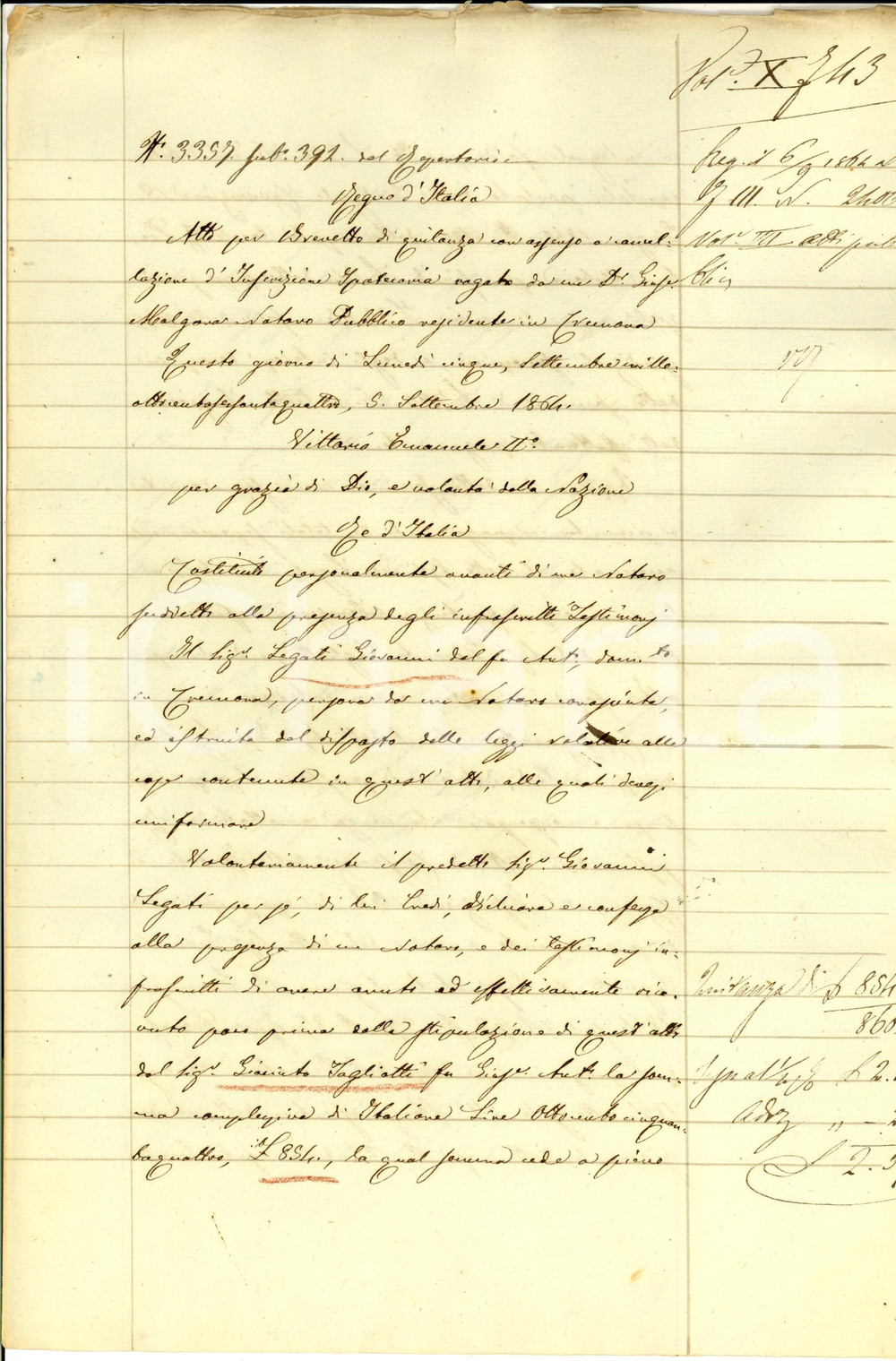 Documento originale, autentico 1864 CREMONA Quietanza di Giovanni LEGATI a Giacinto TOGLIATTI per saldo debito 1