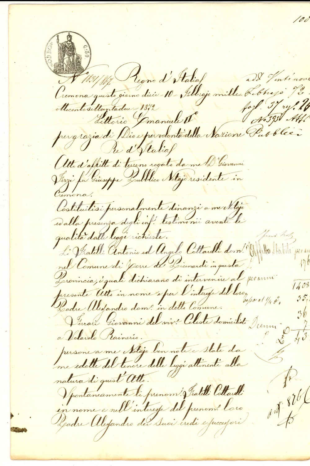 Documento originale, autentico 1872 SAN GIOVANNI IN CROCE Angelo COTTARELLI affitta terre a Giovanni FERRARI 1