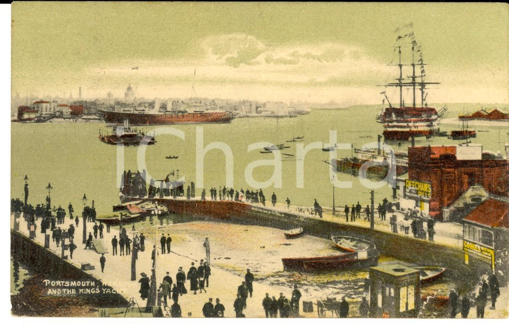 Cartolina originale da collezione 1908 PORTSMOUTH UK Harbour and the Kings Yacht VINTAGE postcard ANIMATED 1