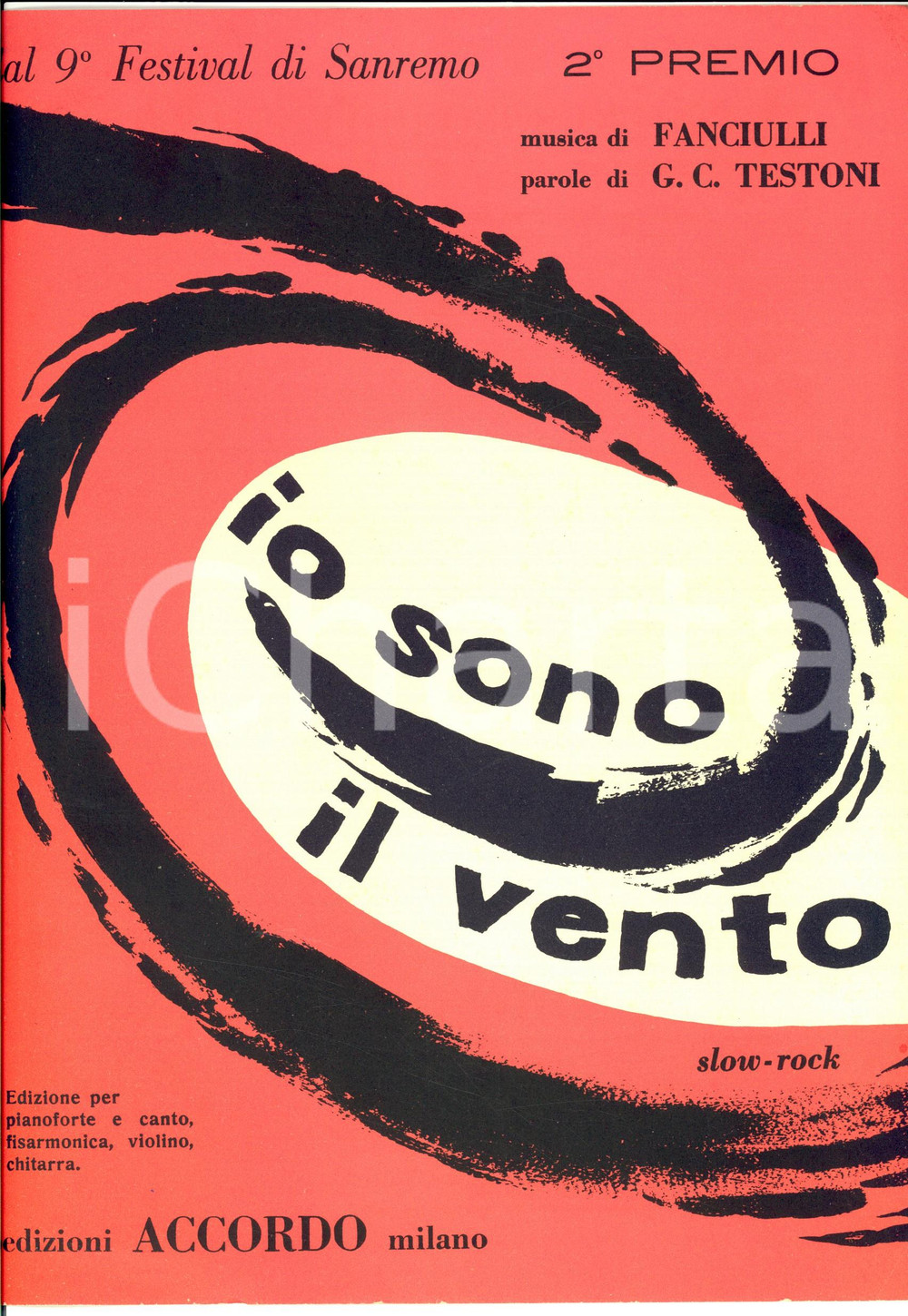 Oggetto da collezione cartaceo 1959 Festival di SANREMO Arturo TESTA Io sono il vento Spartito ACCORDO 1