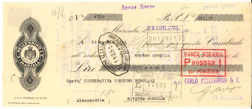 Documento originale, autentico 1941 MARSALA TP Ditta C. PELLEGRINO & C. vini Cambiale pubblicitaria 1 1