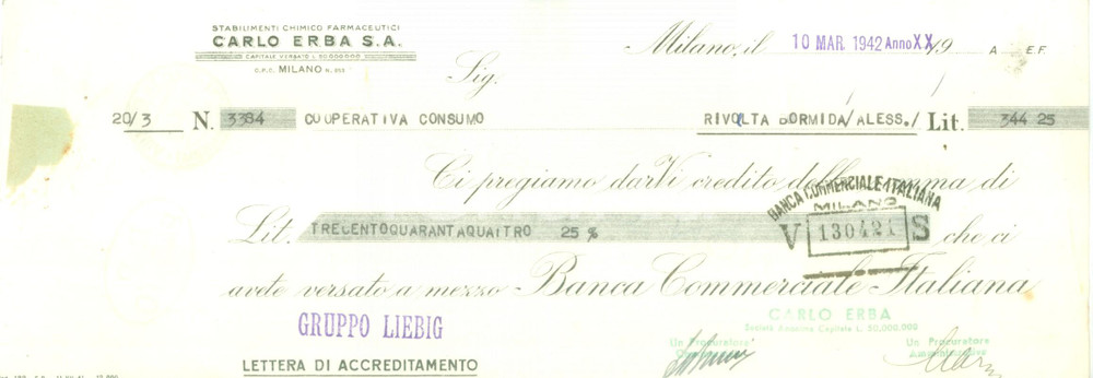 Documento originale, autentico 1942 MILANO Stabilimenti chimico farmaceutici CARLO ERBA Lettera accreditamento 1