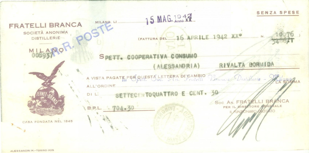 Documento originale, autentico 1942 MILANO Fratelli BRANCA distillerie Cambiale pubblicitaria 1 1
