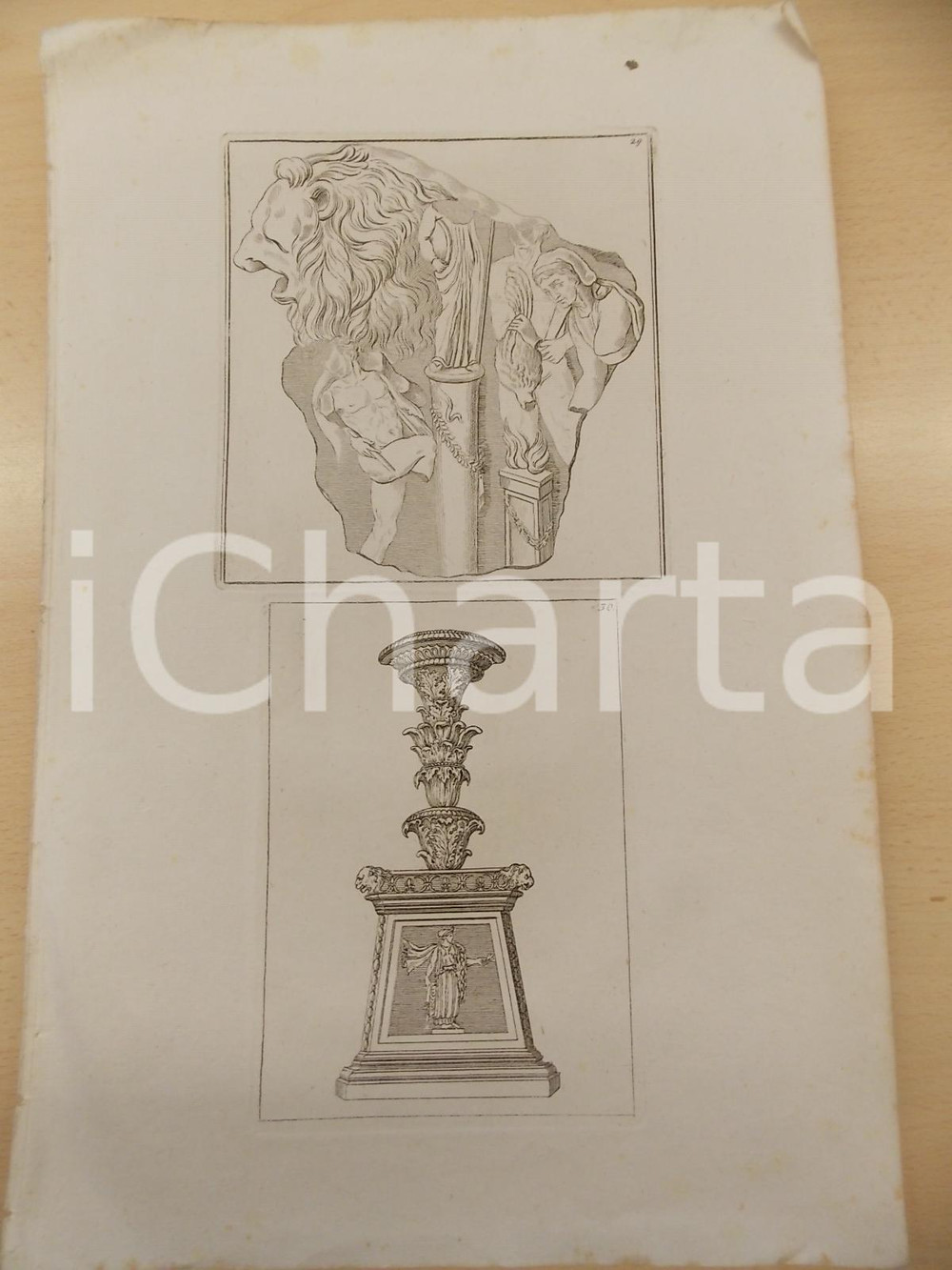 Stampa, bozzetto originale 1840 ca ARTE ANTICA Motivi decorativi statuaria romana Stampa 27x42 cm 1