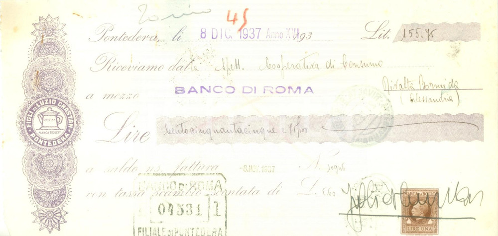 Documento originale, autentico 1941 PONTEDERA PI Figli di Luzio CRASTAN  Assegno pubblicitario 1