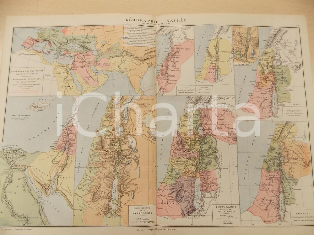 Stampa, bozzetto originale 1884 PARIS DRIOUX  LEROY Atlas universel Géographie sacrée 46x32 cm ed. BELIN 1