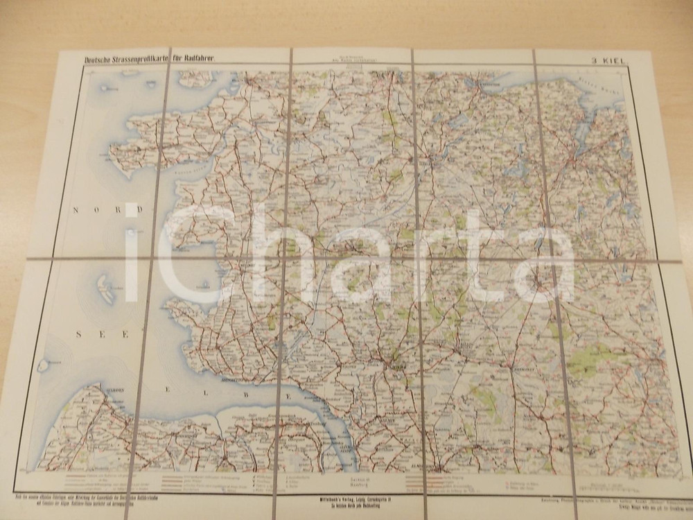 Mappa, planimetria storica 1910 ca KIEL Deutsche Strassenprofilkarte fur Radfahrer 45x33 cm 1
