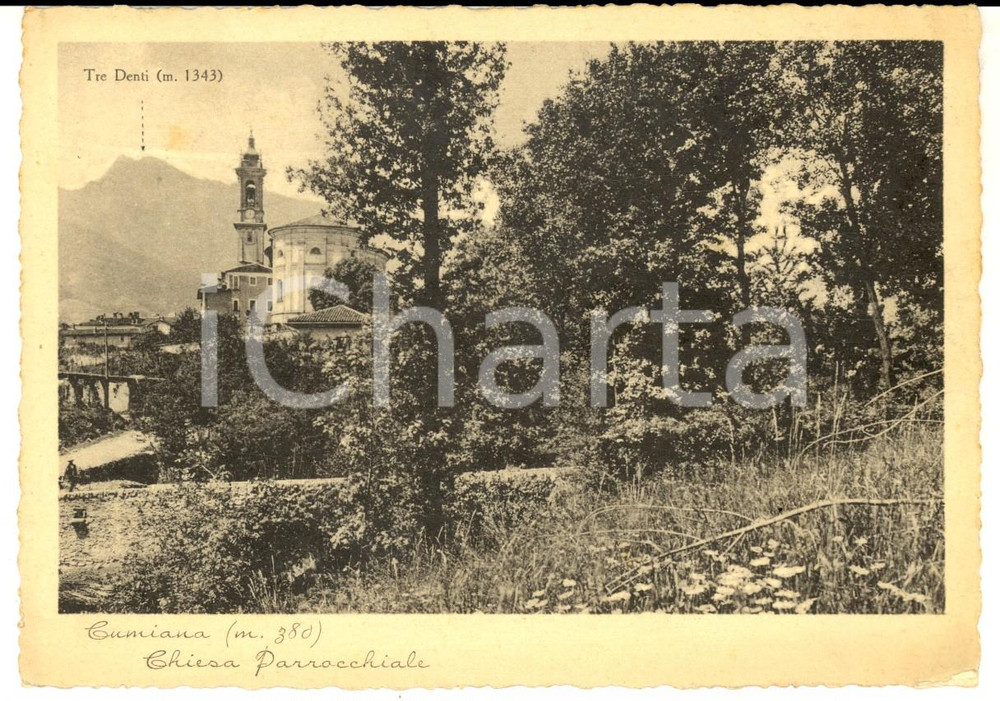 Cartolina originale da collezione 1936 CUMIANA TO Veduta con la chiesa parrocchialeCartolina postale FG VG 1