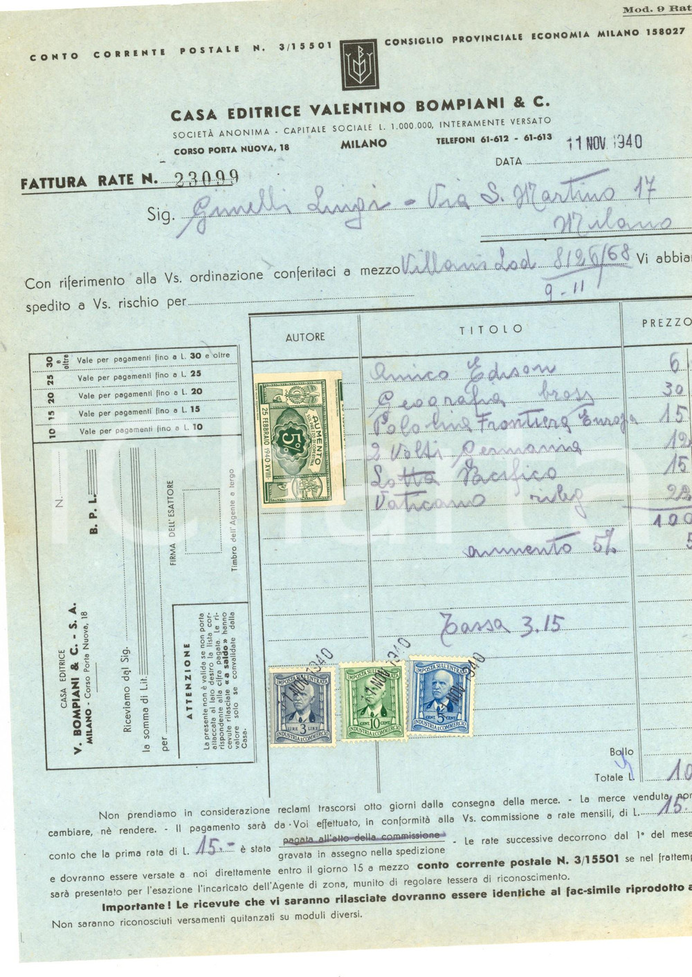 Documento originale, autentico 1940 MILANO Casa Editrice Valentino BOMPIANI  Fattura intestata con bolli 1