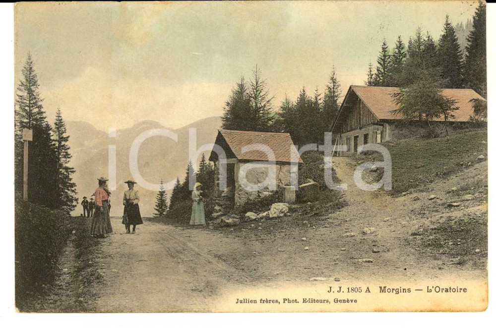 Cartolina originale da collezione 1910 ca MORGINS SUISSE L Oratoire Carte postale ANIMEE femmes FP VG 1