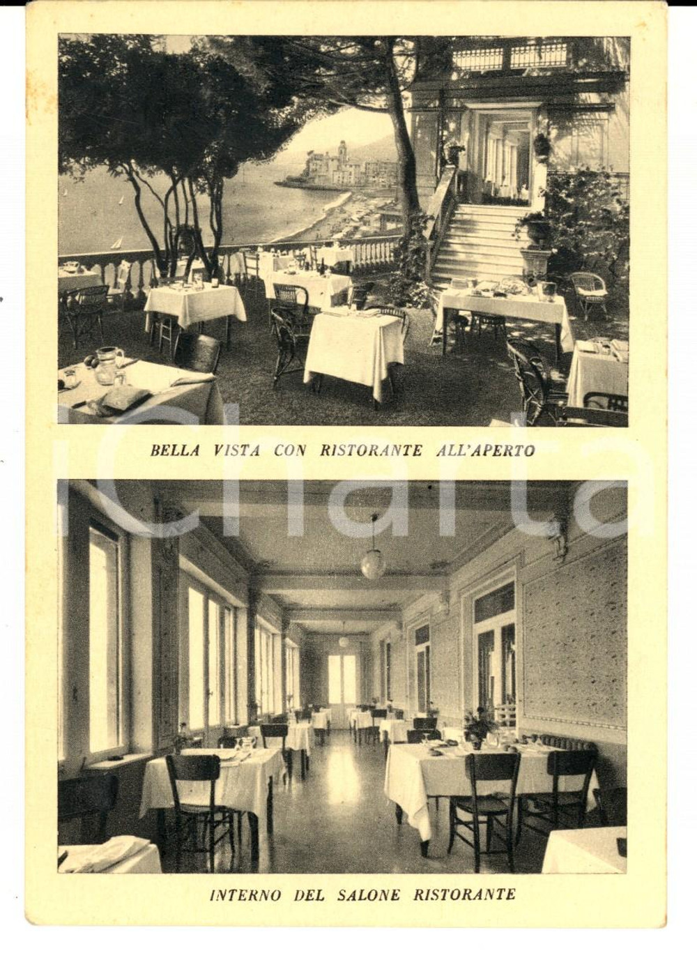 Cartolina originale da collezione 1950 ca CAMOGLI GE Punta Chiappa  Ristorante PESCE D ORO Salone interno 1