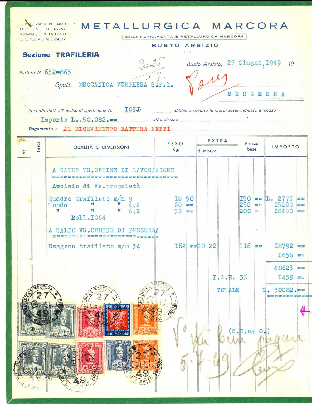 Documento originale, autentico 1949 BUSTO ARSIZIO VA Metallurgica MARCORA  Trafileria  Fattura intestata 1