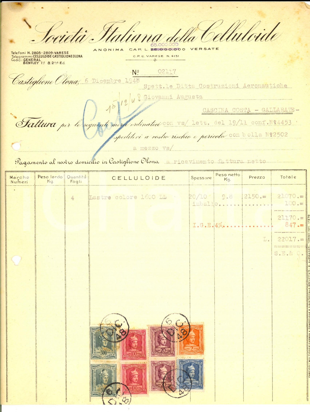 Documento originale, autentico 1948 CASTIGLIONE OLONA SocietÃ  Italiana della Celluloide Fattura con bolli 1