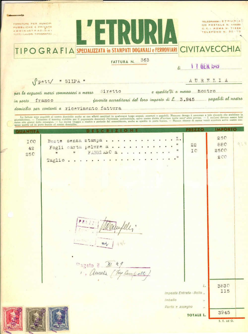 Documento originale, autentico 1949 CIVITAVECCHIA RM Tipografia L ETRURIA Stampati doganali Fattura 1