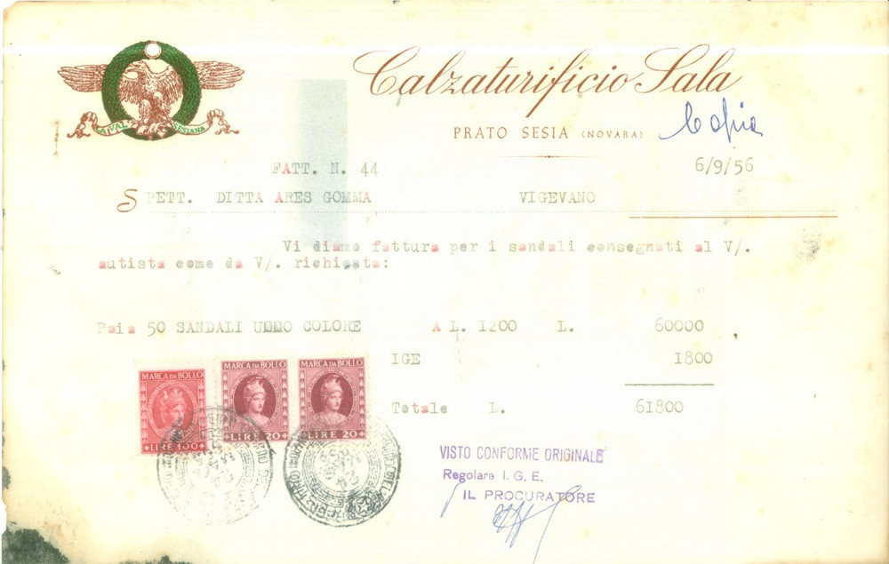 Documento originale, autentico 1955 PRATO SESIA NO Calzaturificio SALA Fattura per sandali 1 1