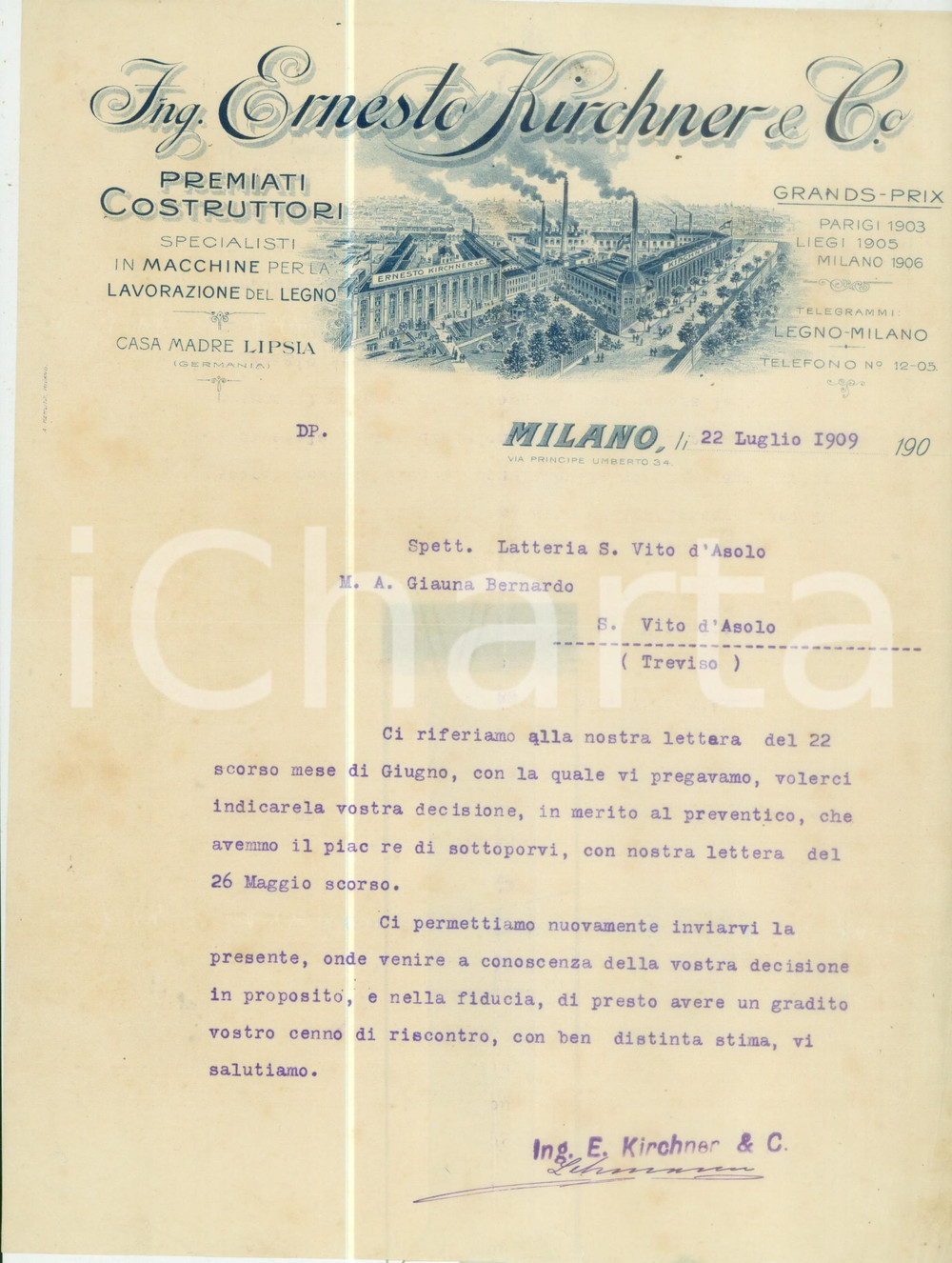 Documento originale, autentico 1909 MILANO Ing. Ernesto KIRCHNER & Co. lavorazione legno Fattura commerciale 1