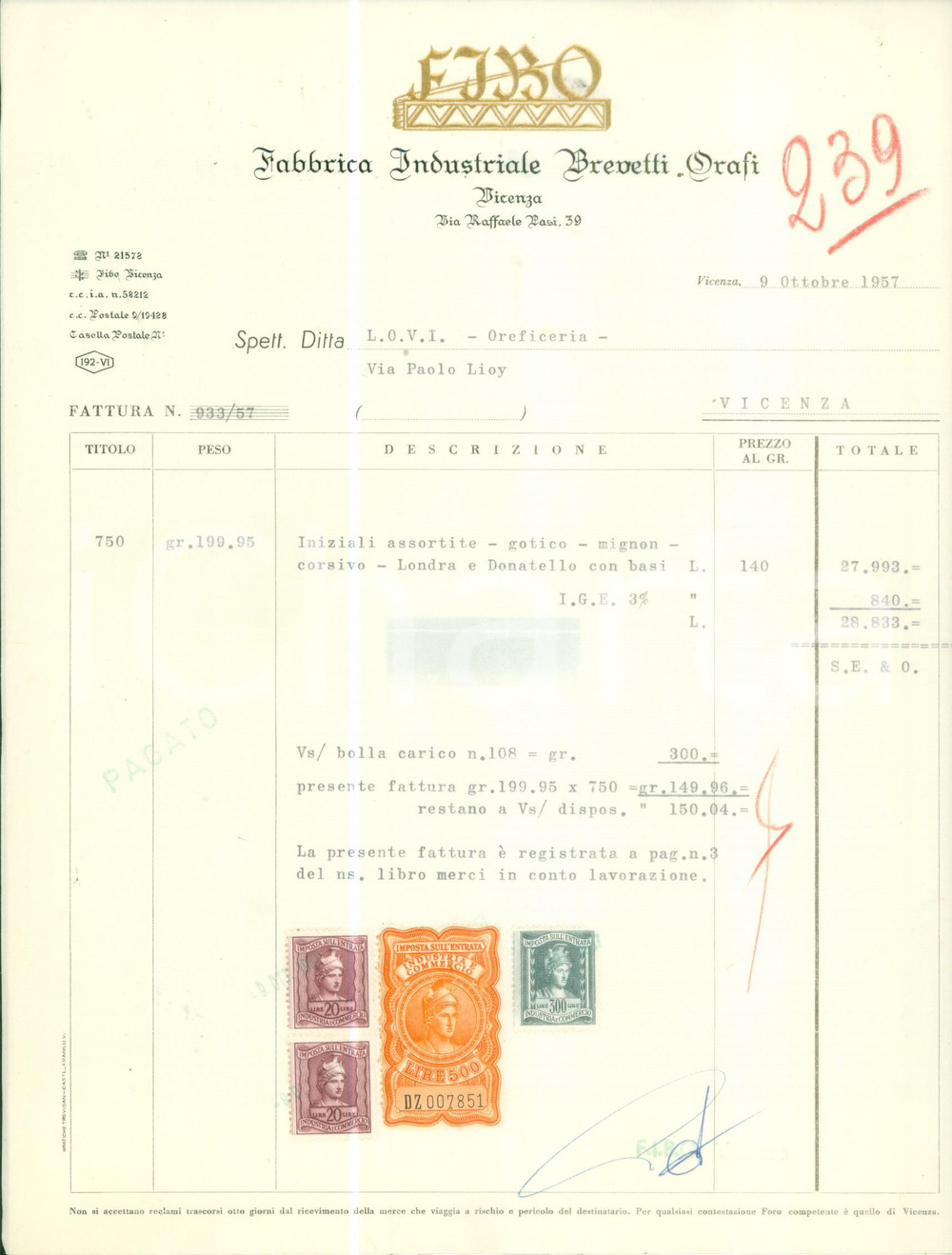 Documento originale, autentico 1957 VICENZA Fabbrica Industriale Brevetti Orafi FIBO Fattura commerciale 1