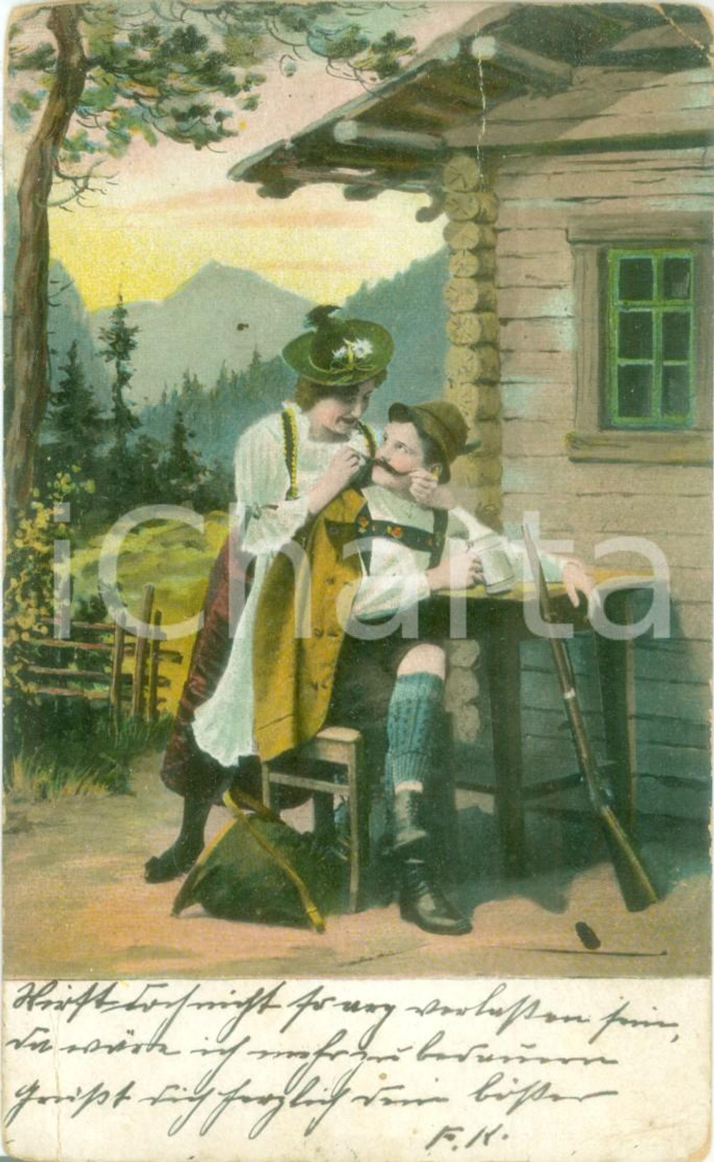 Cartolina originale da collezione 1900 ca ALPI SVIZZERECacciatore in costume e fucile con moglie Cartolina FP VG 1
