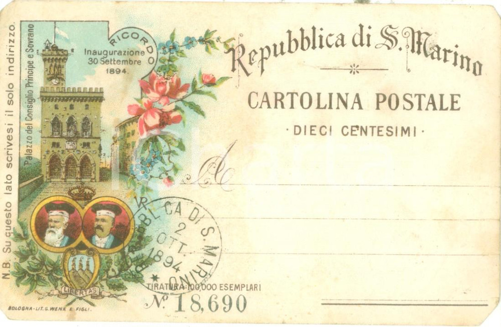 Cartolina originale da collezione 1894 REPUBBLICA DI SAN MARINO Inaugurazione Palazzo del Governo Cartolina 1 1