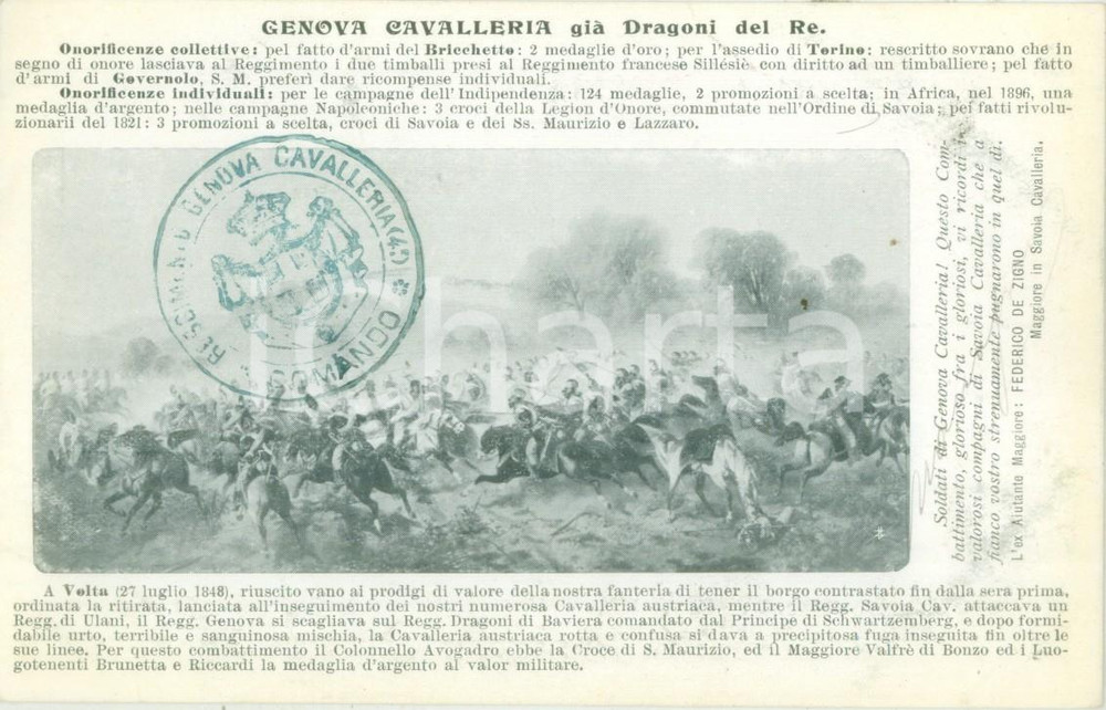 Cartolina originale da collezione 1900 ca GENOVA CAVALLERIA già Dragoni del Re Cartolina reggimentale ILLUSTRATA 1