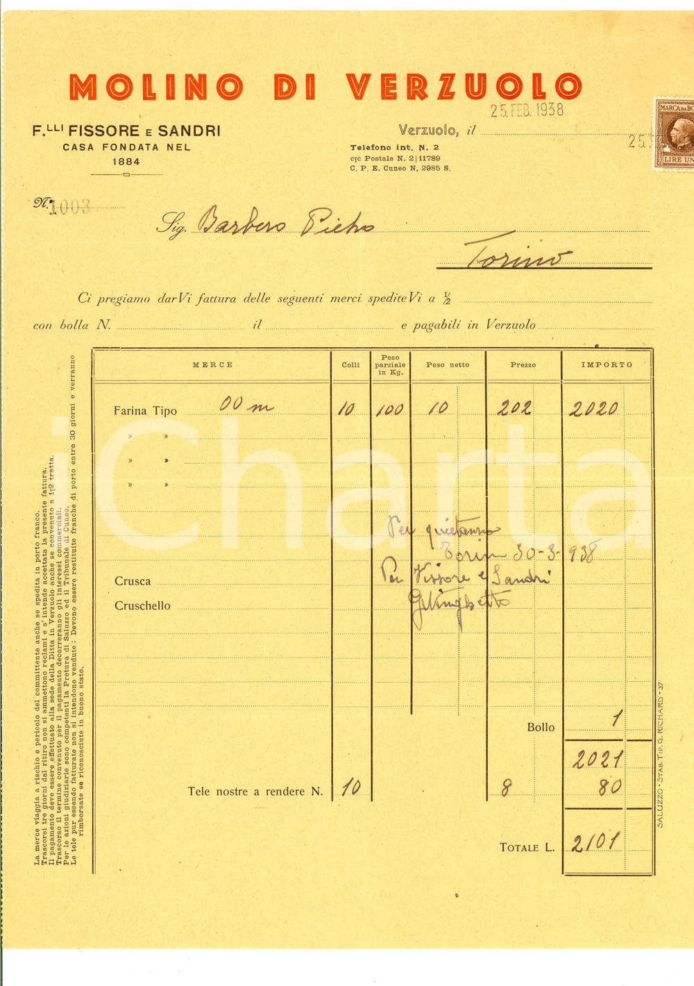 Documento originale, autentico 1938 VERZUOLO CN Fratelli FISSORE e SANDRI  Molino Fattura intestata 1
