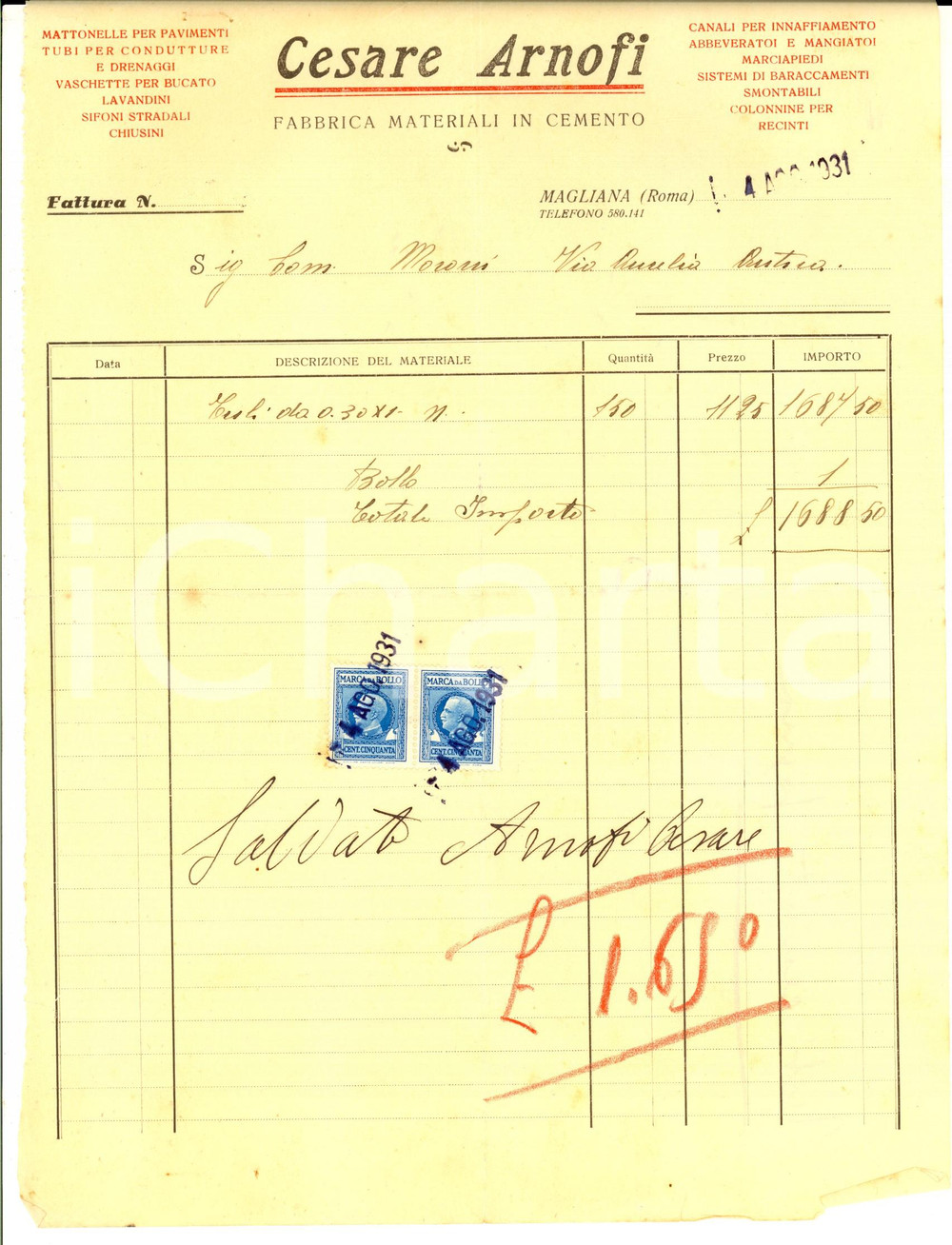 Documento originale, autentico 1931 ROMA MAGLIANA Ditta Cesare ARNOFI Fabbrica materiali in cemento Fattura 1
