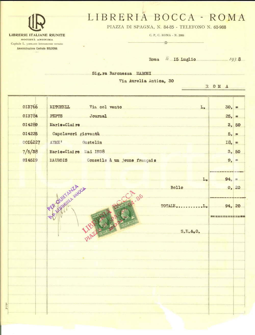 Documento originale, autentico 1938 ROMA Libreria BOCCA  Fattura intestata per libri baronessa MARONI 1